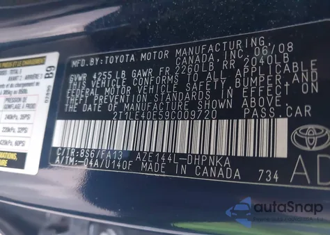 2009 Toyota Matrix S из США, поврежденный, VIN 2T1LE40E59C009720